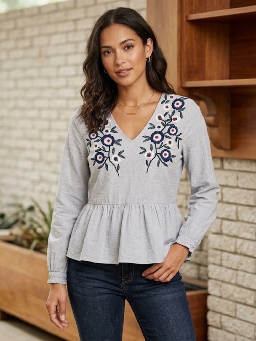 THML Light Gray V-Neck Peplum Top with Navy & Pink Floral Embroidery